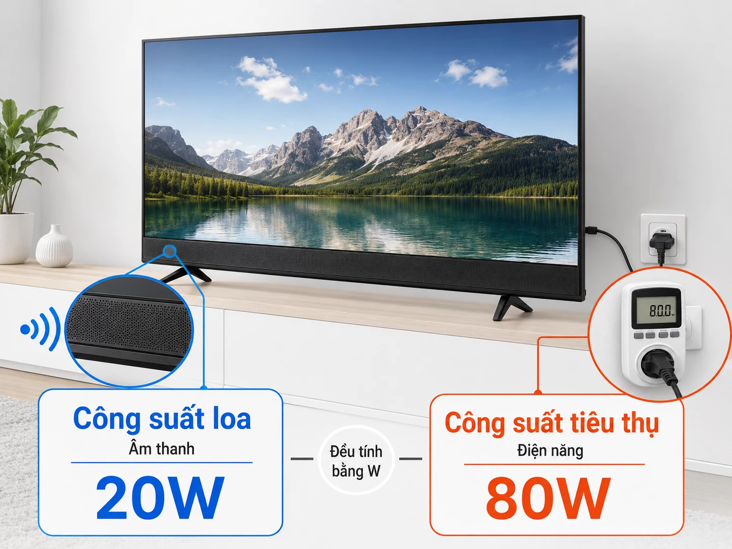 phân biệt công suất loa và công suất tiêu thụ điện tivi Samsung
