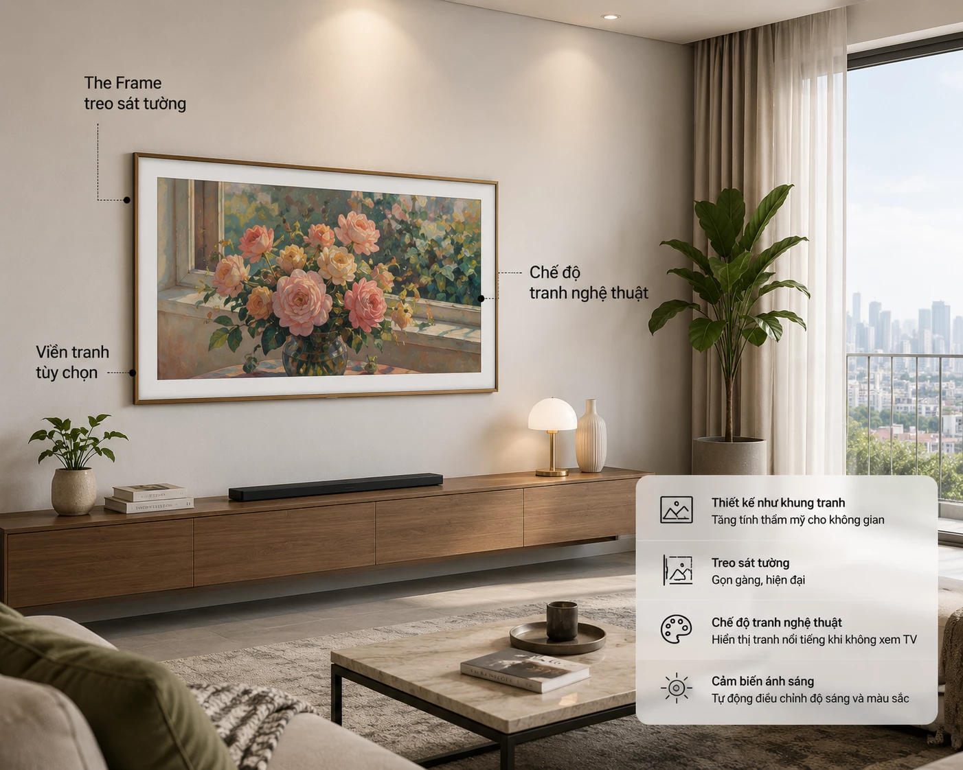 Thiết kế treo sát tường của Samsung The Frame Samsung The Frame treo sát tường trong phòng khách