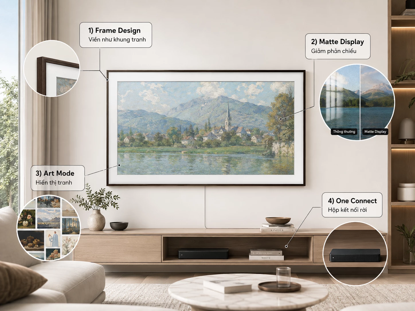 Các yếu tố giúp Samsung The Frame giống tranh treo tường Sơ đồ Frame Design Matte Display Art Mode và One Connect trên Samsung The Frame