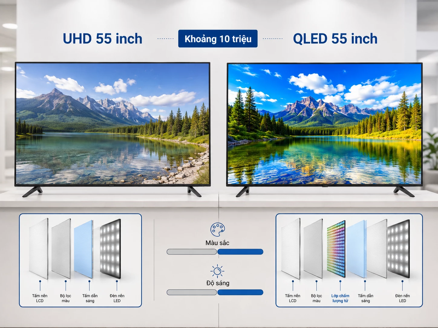 so sánh tivi 55 inch UHD và QLED trong tầm 10 triệu