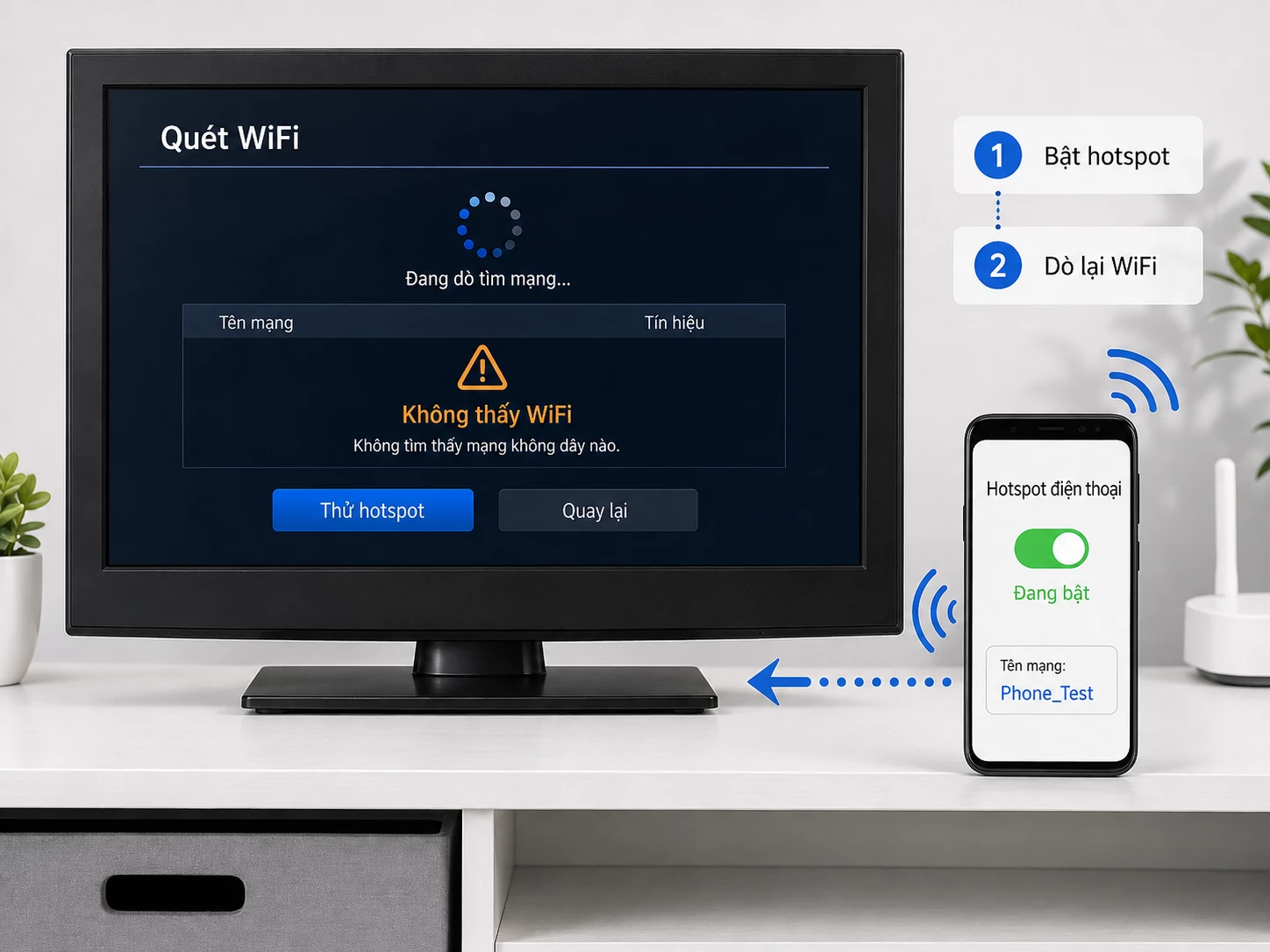 thử hotspot điện thoại khi tivi Samsung đời cũ không thấy WiFi