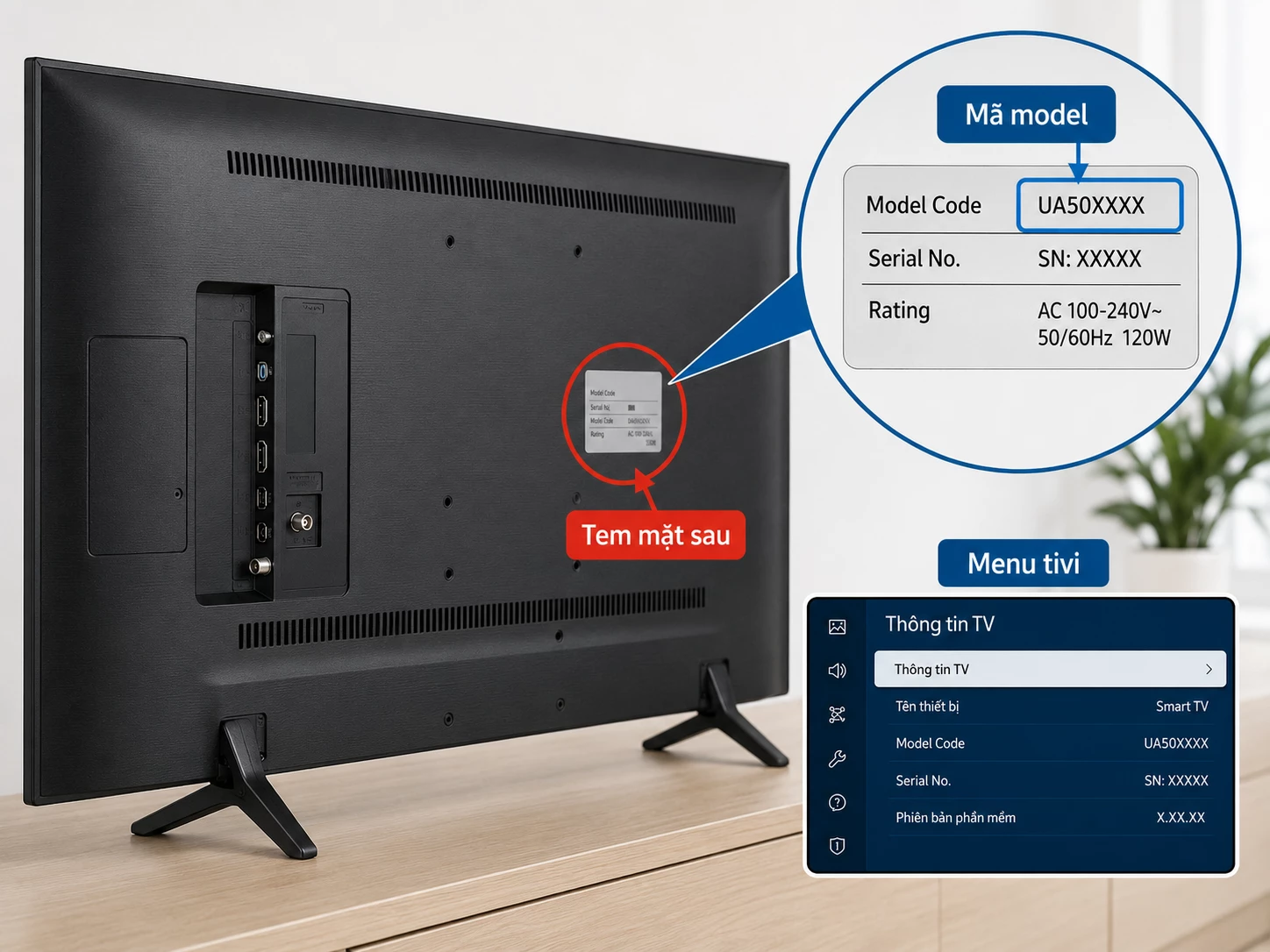 vị trí mã model tivi Samsung 50 inch