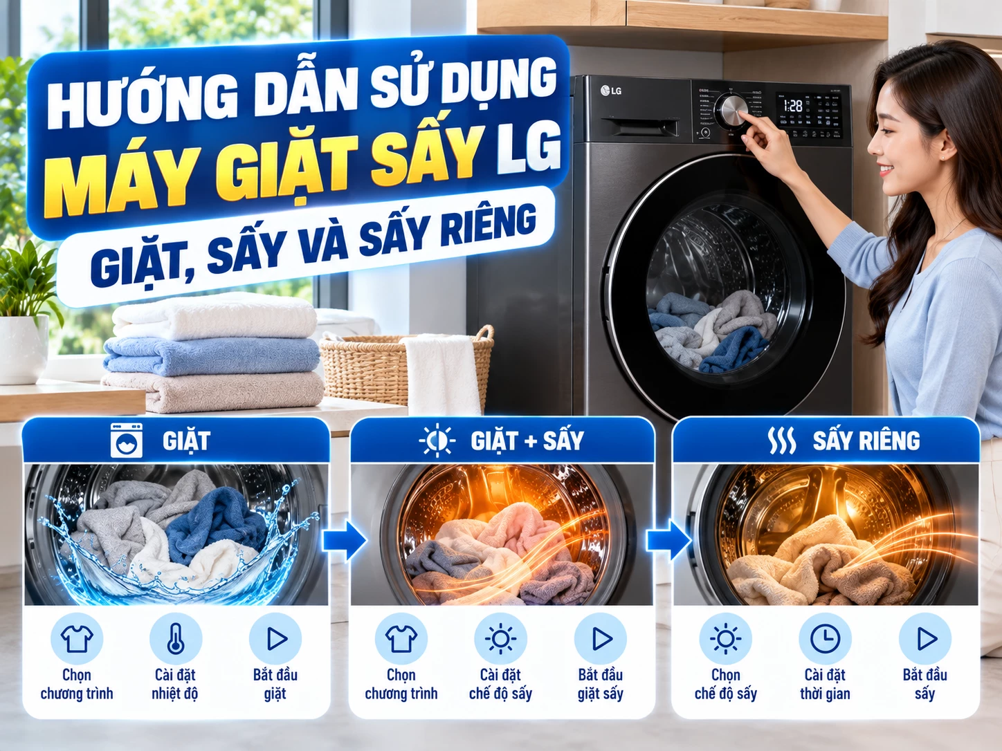 Hướng dẫn sử dụng máy giặt sấy LG giặt sấy và sấy riêng