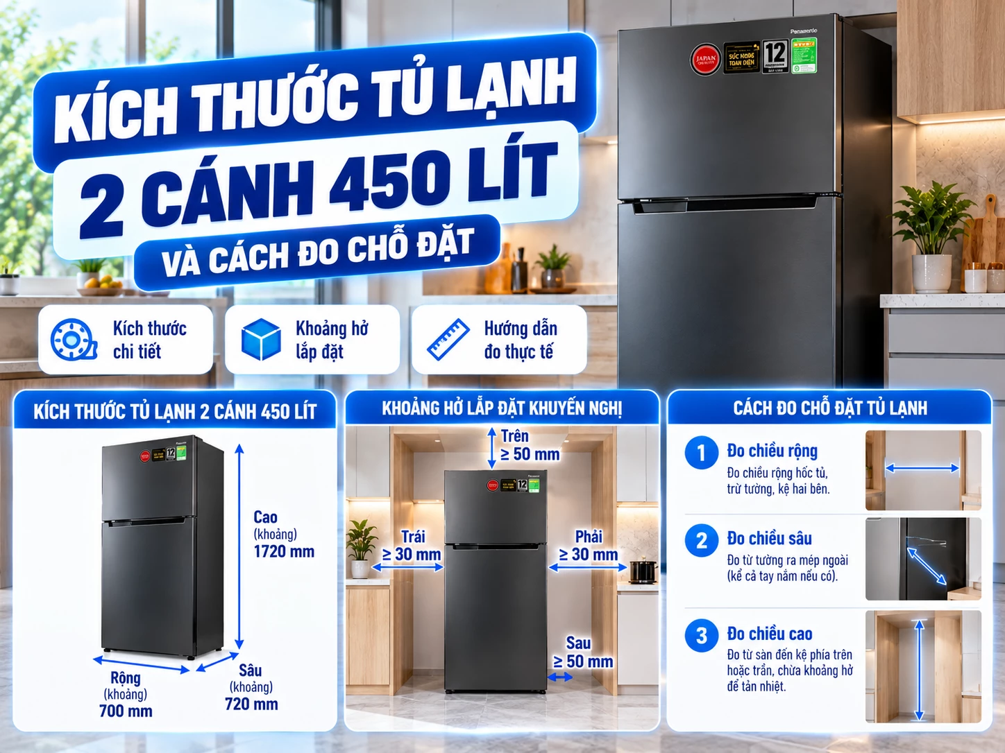 Kích thước tủ lạnh 2 cánh 450 lít rộng cao sâu