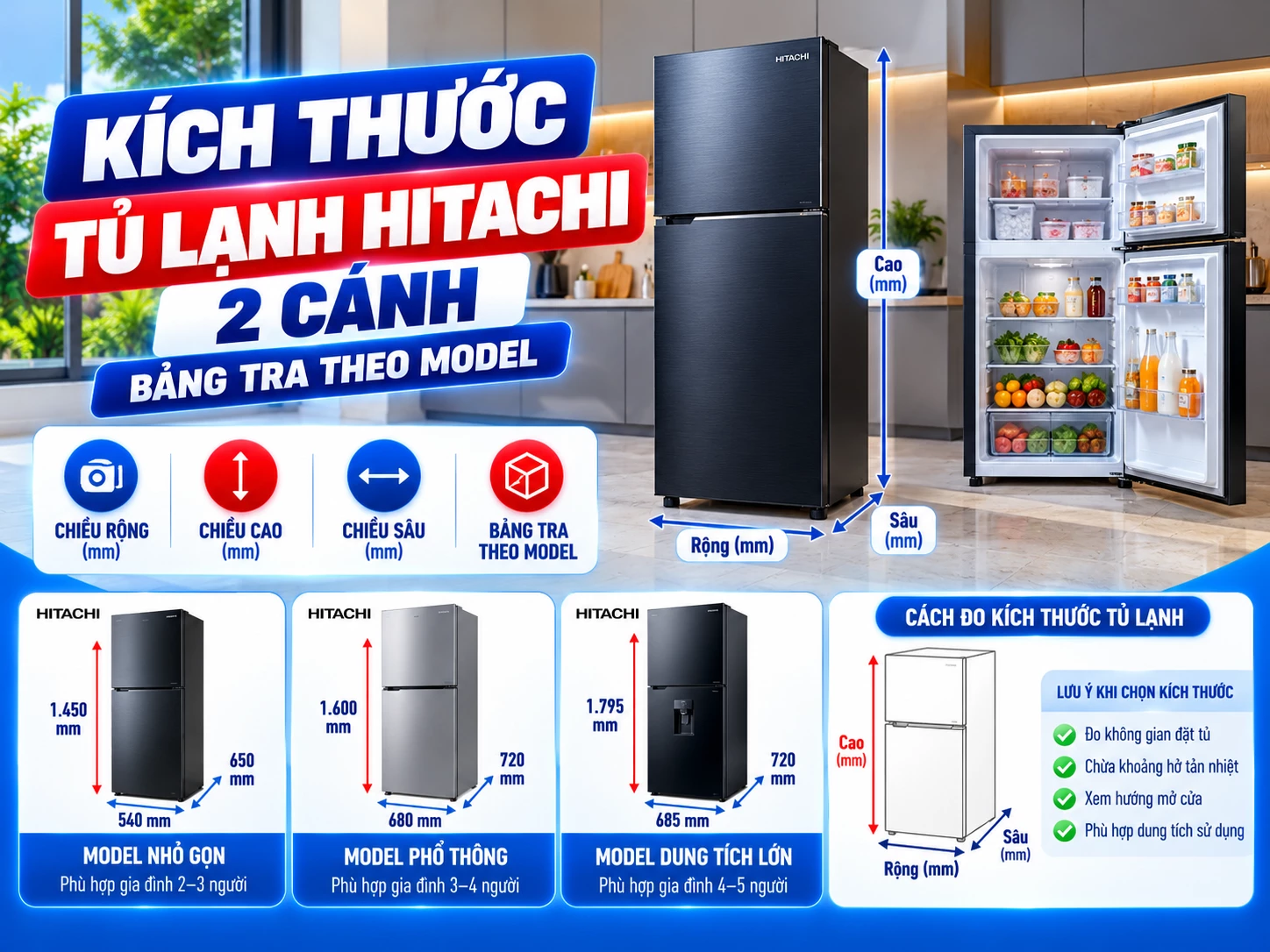 Kích thước tủ lạnh Hitachi 2 cánh rộng sâu cao theo model
