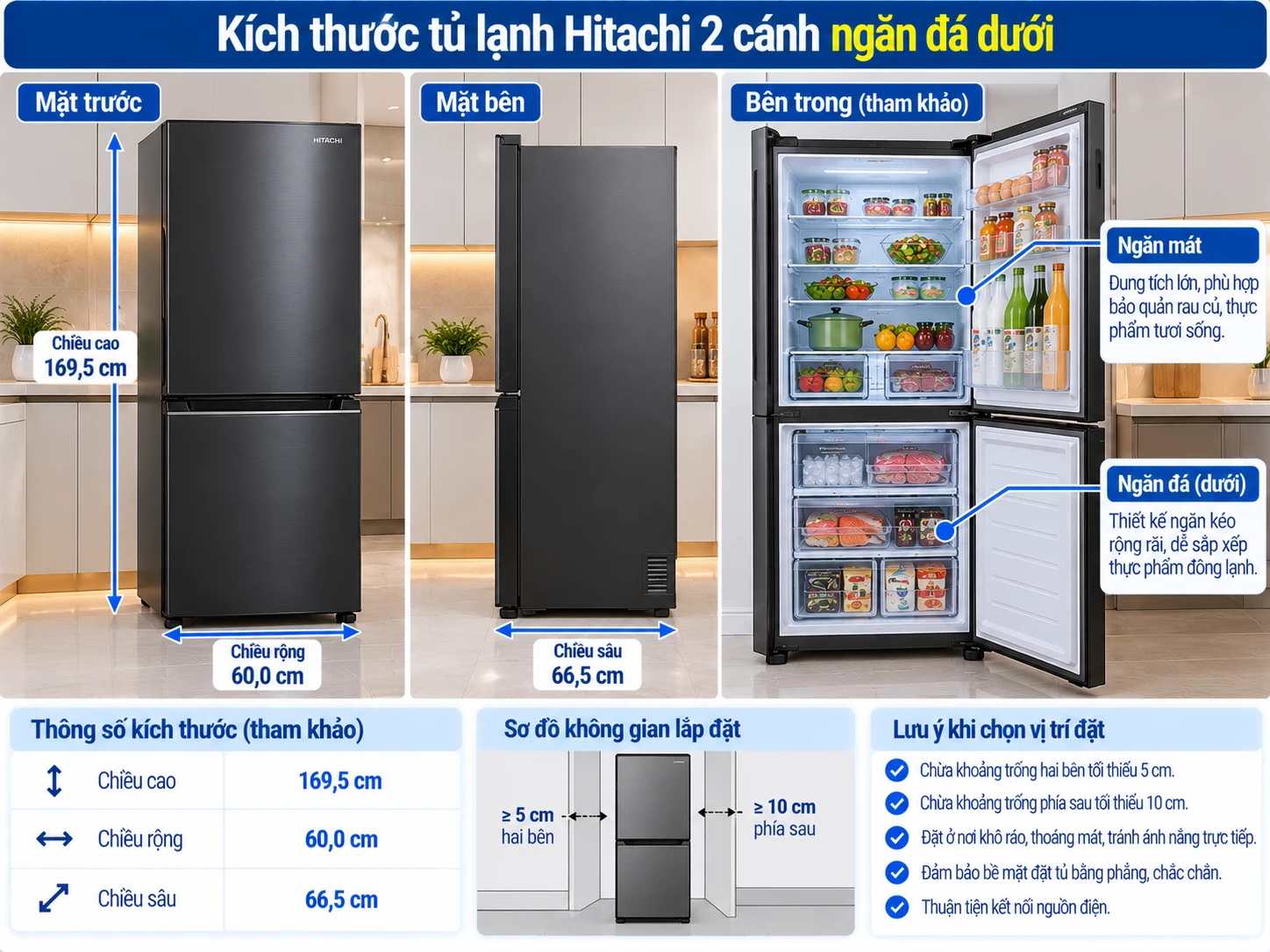 Kích thước tủ lạnh Hitachi 2 cánh ngăn đá dưới