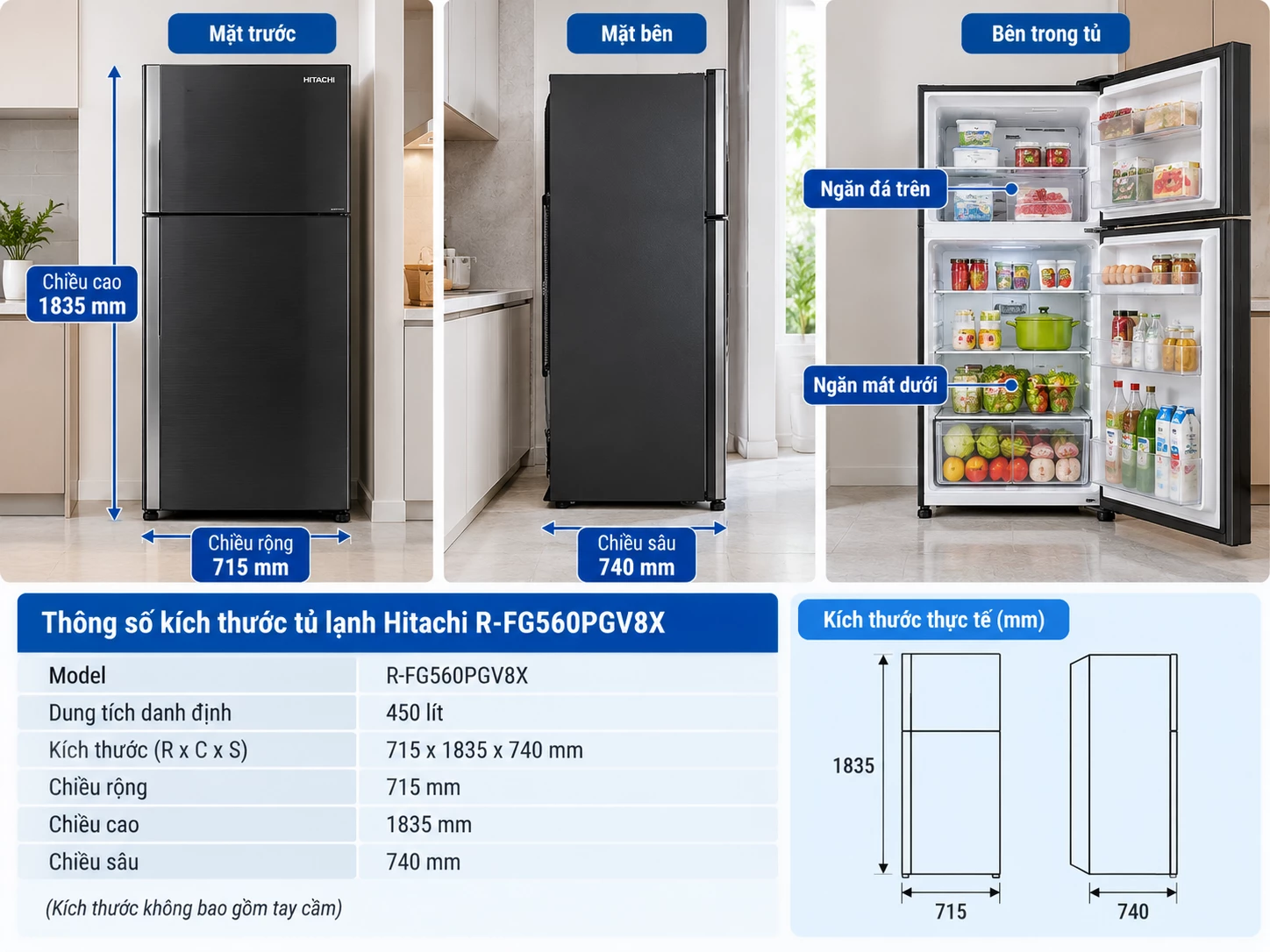 Kích thước tủ lạnh Hitachi 450 lít 2 cánh R-FG560PGV8X