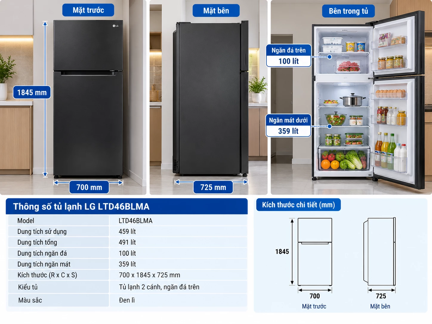 Kích thước tủ lạnh LG LTD46BLMA 459 lít hai cánh