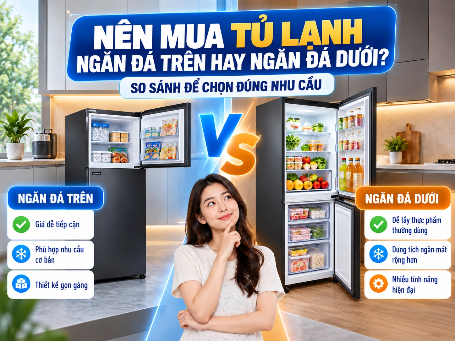 Nên mua tủ lạnh ngăn đá trên hay ngăn đá dưới? So sánh để chọn đúng nhu cầu
