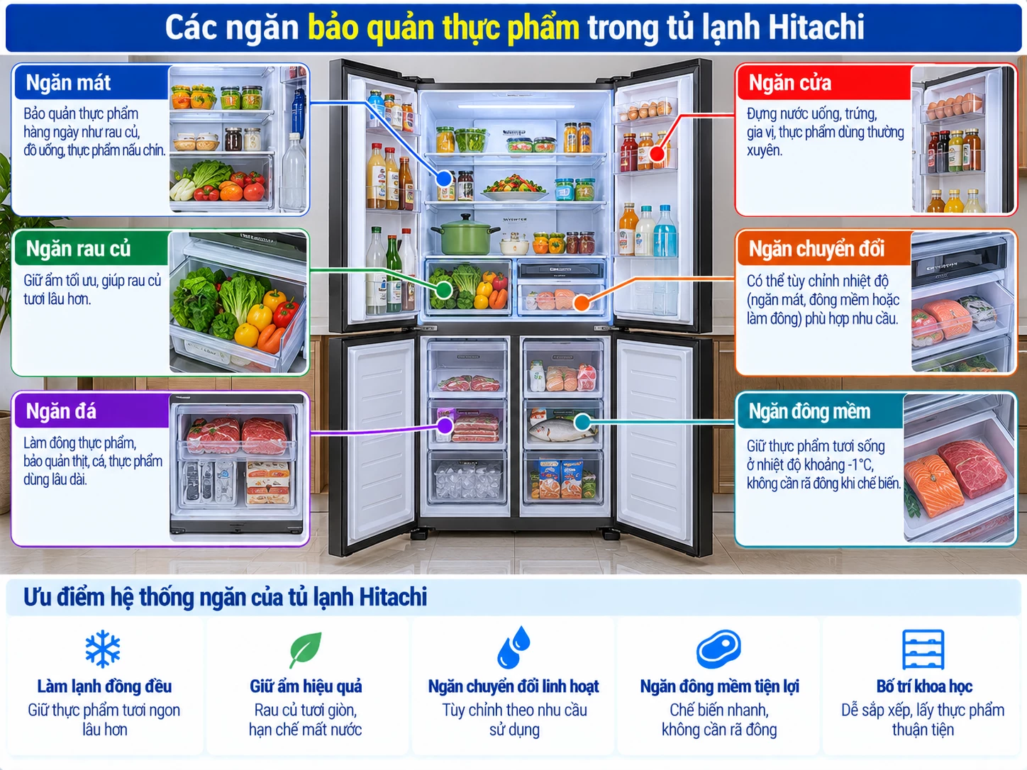 Ngăn bảo quản thực phẩm trong tủ lạnh Hitachi