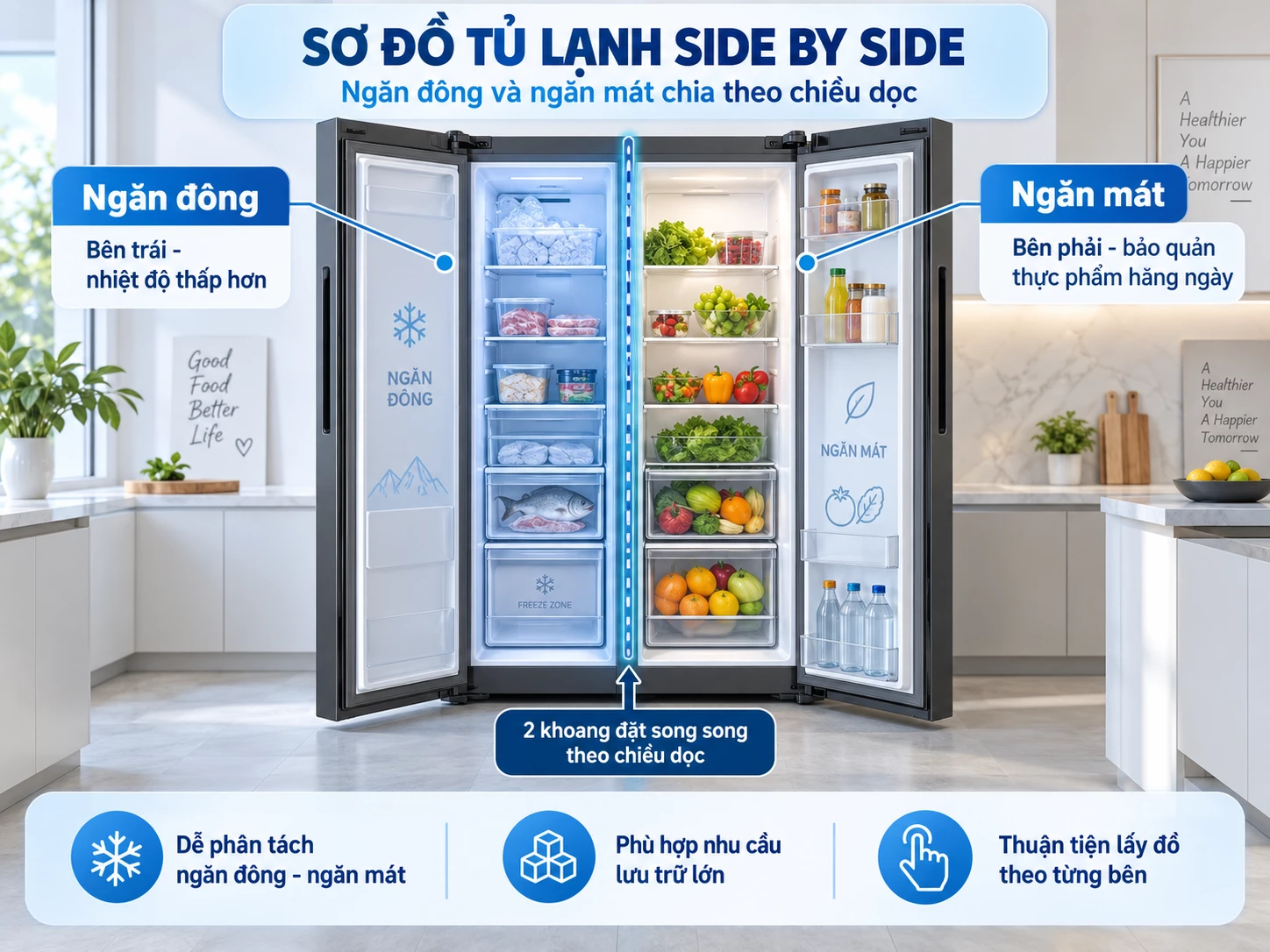 Sơ đồ Side by Side chia ngăn đông và ngăn mát theo chiều dọc