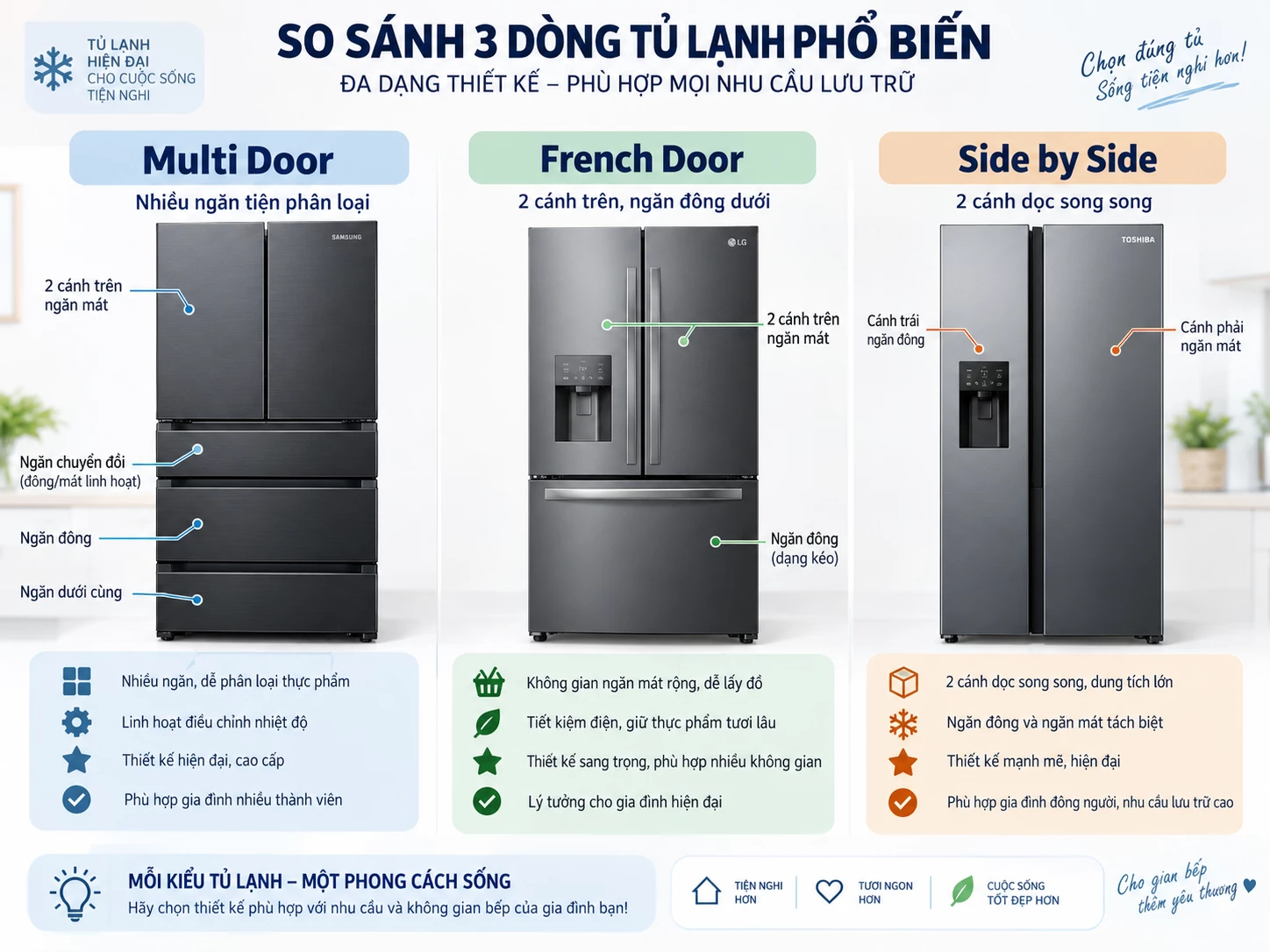 Sơ đồ tủ lạnh Multi Door French Door và Side by Side