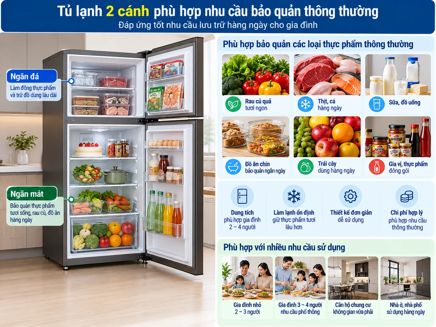 Tủ lạnh 2 cánh phù hợp nhu cầu bảo quản thông thường.