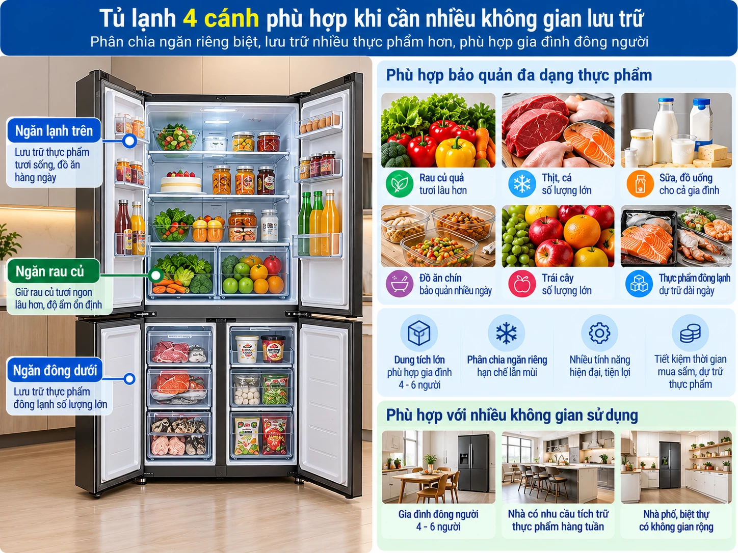 Tủ lạnh 4 cánh phù hợp khi cần nhiều không gian lưu trữ.