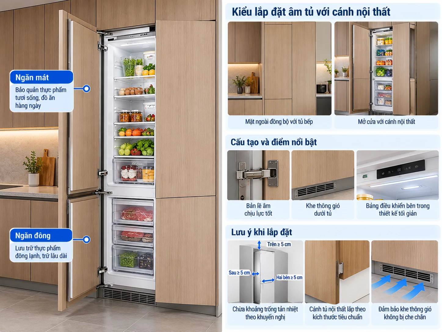Tủ lạnh âm tủ integrated với cánh nội thất