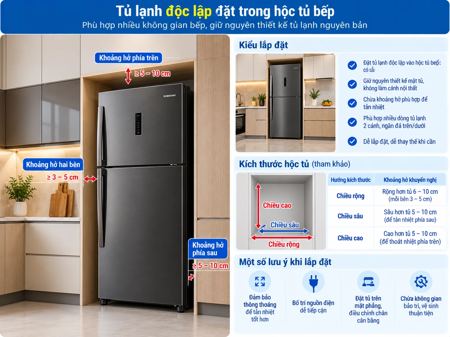 Tủ lạnh độc lập đặt trong hộc tủ bếp