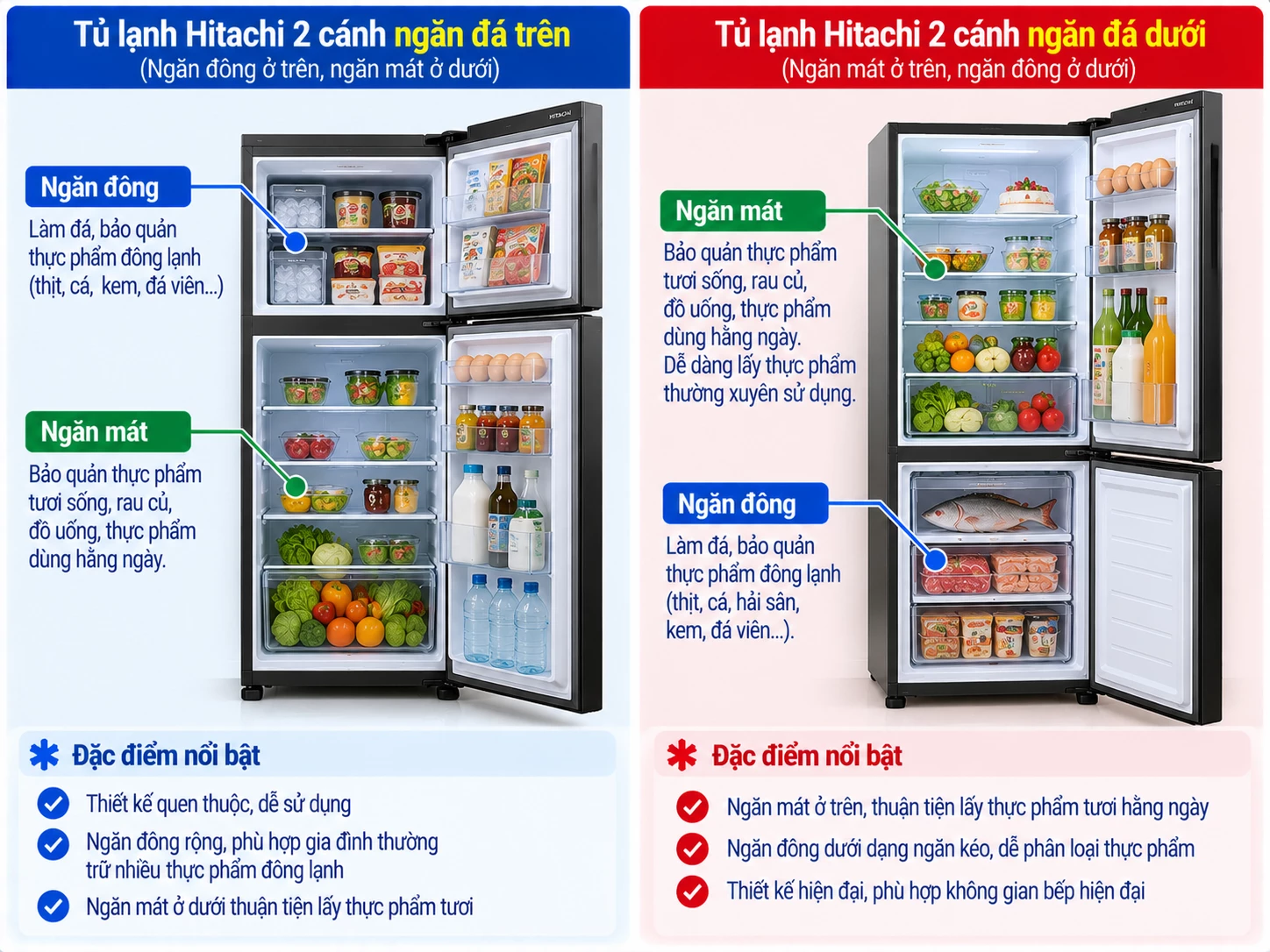 Tủ lạnh Hitachi 2 cánh ngăn đá trên và ngăn đá dưới