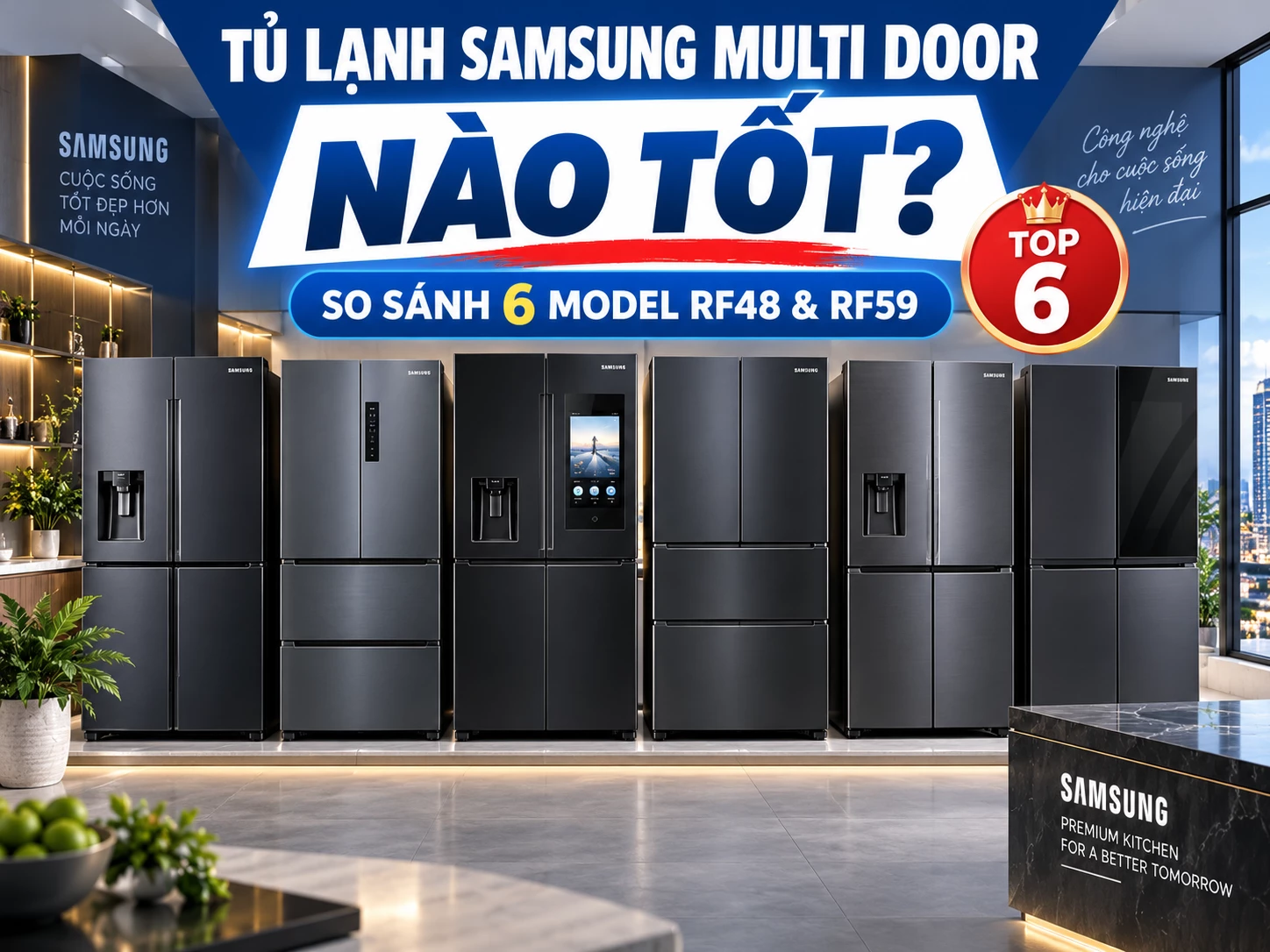 So sánh tủ lạnh Samsung Multi Door RF48 và RF59 Tủ lạnh Multidoor Samsung RF48 và RF59 đặt cạnh nhau