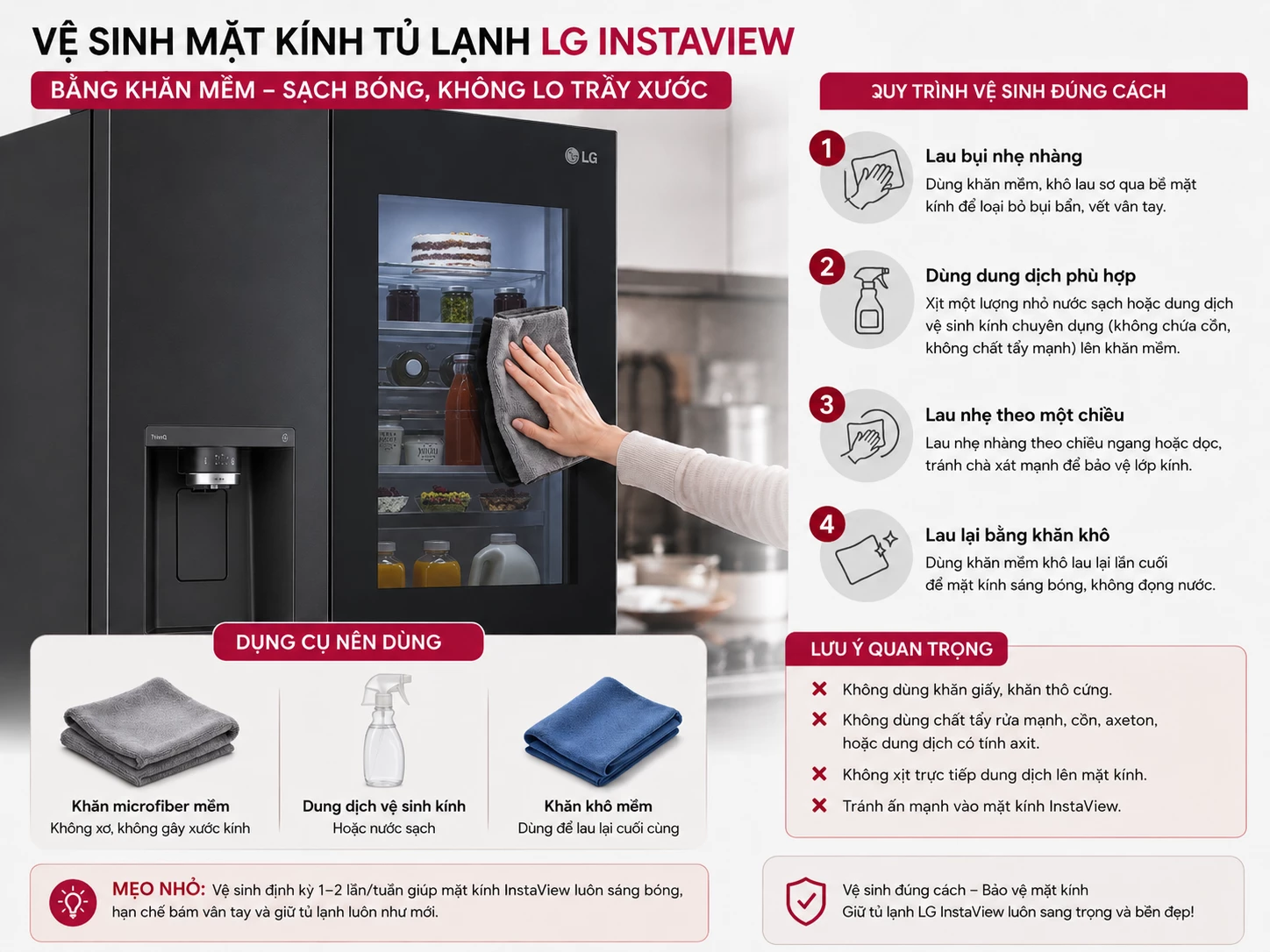 vệ sinh mặt kính tủ lạnh LG InstaView bằng khăn mềm