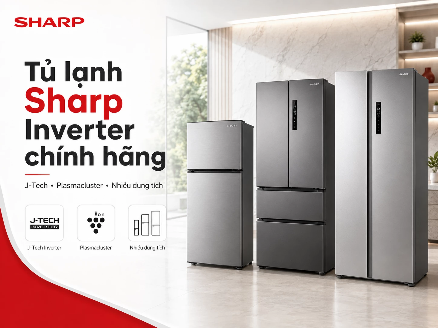 Tủ lạnh Sharp Inverter chính hãng nhiều dung tích