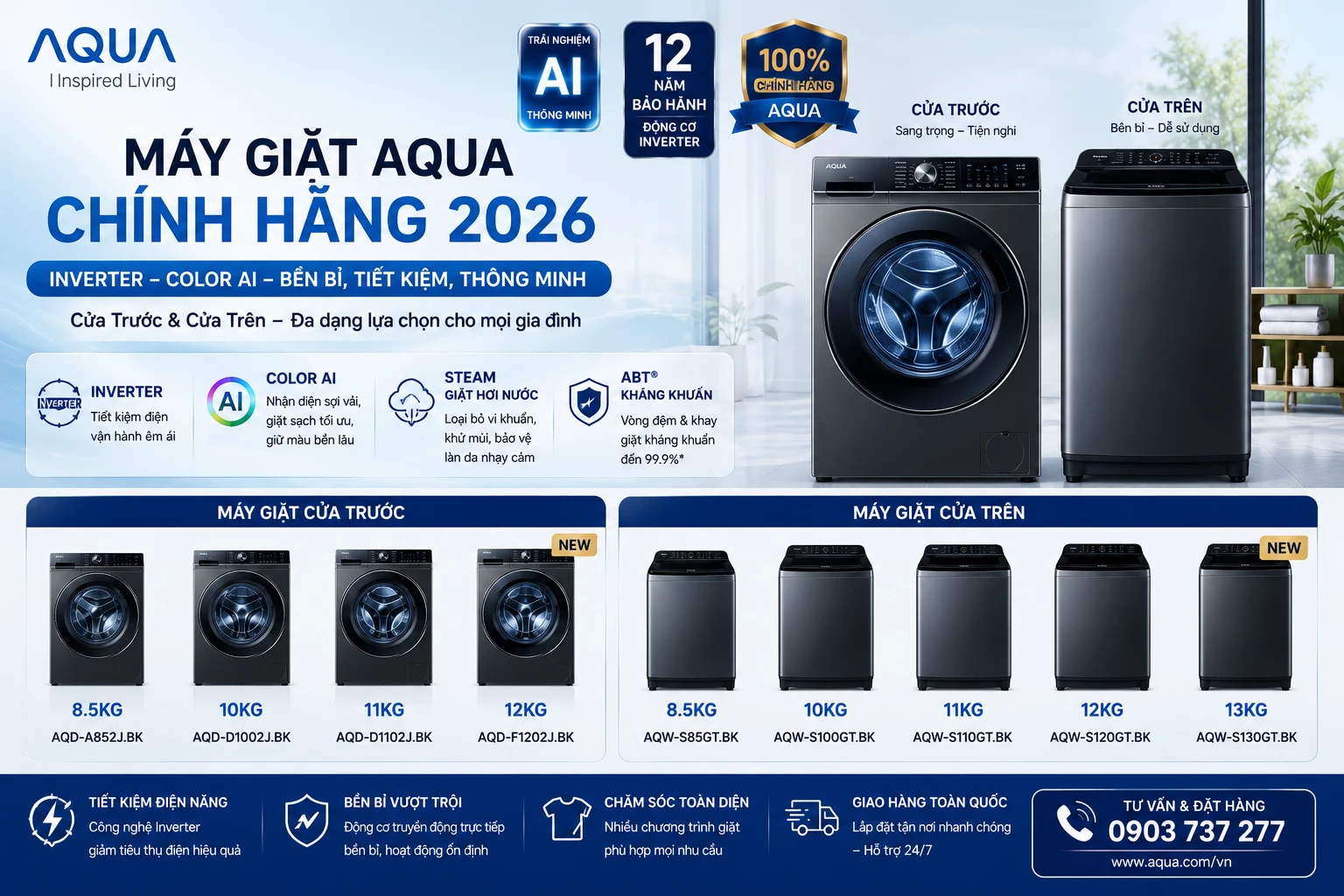 Máy giặt AQUA chính hãng Color AI Inverter cửa trước và cửa trên