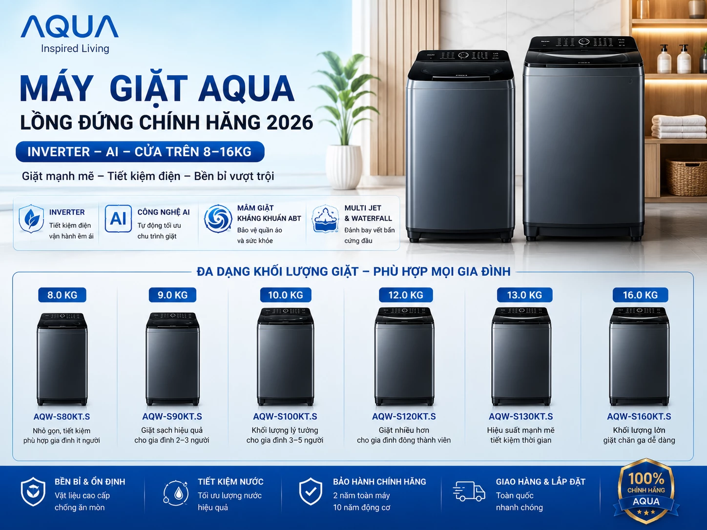 Máy giặt AQUA lồng đứng chính hãng Inverter AI cửa trên 8 đến 16kg