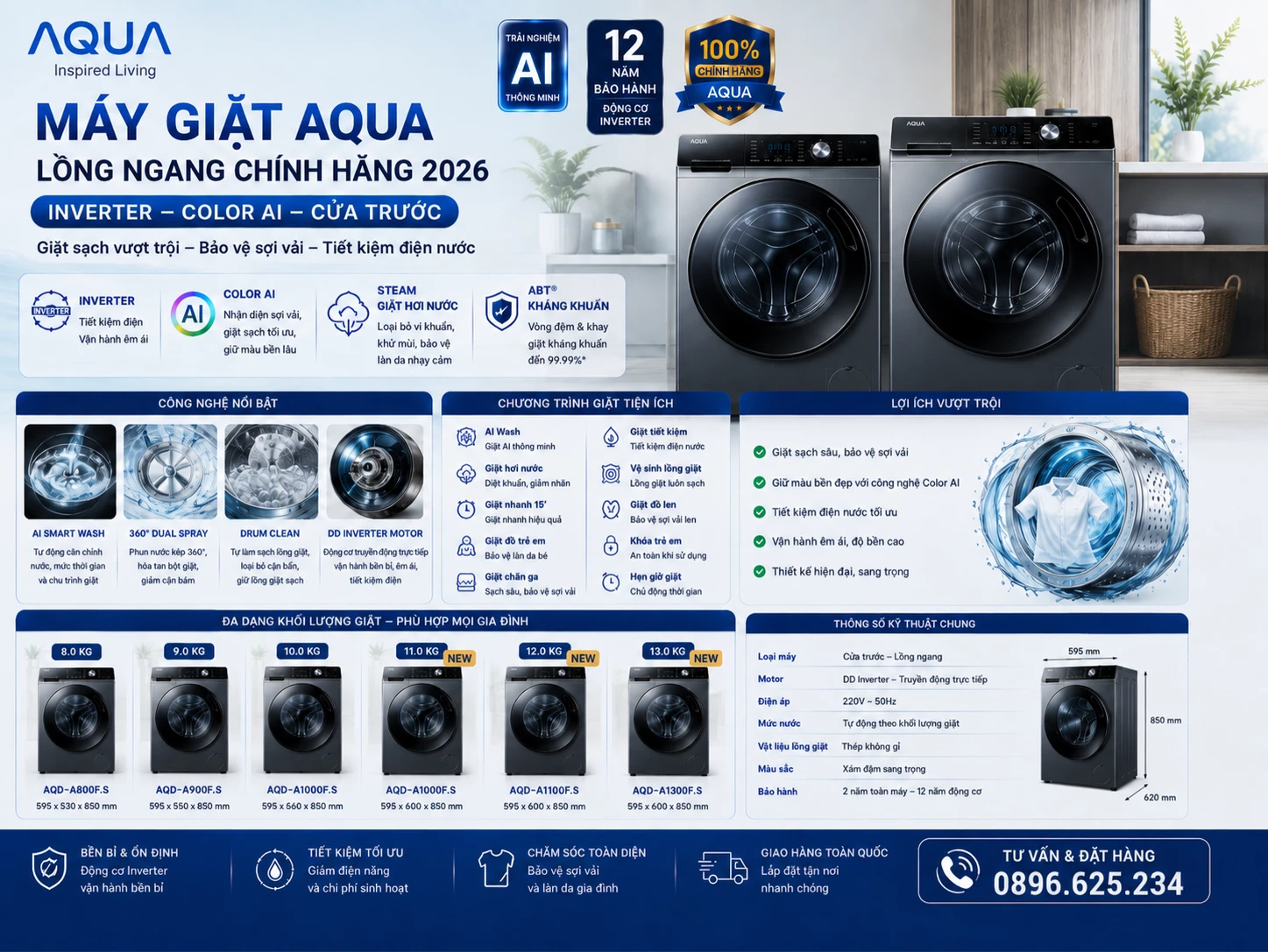 Máy giặt AQUA lồng ngang chính hãng Color AI Inverter cửa trước
