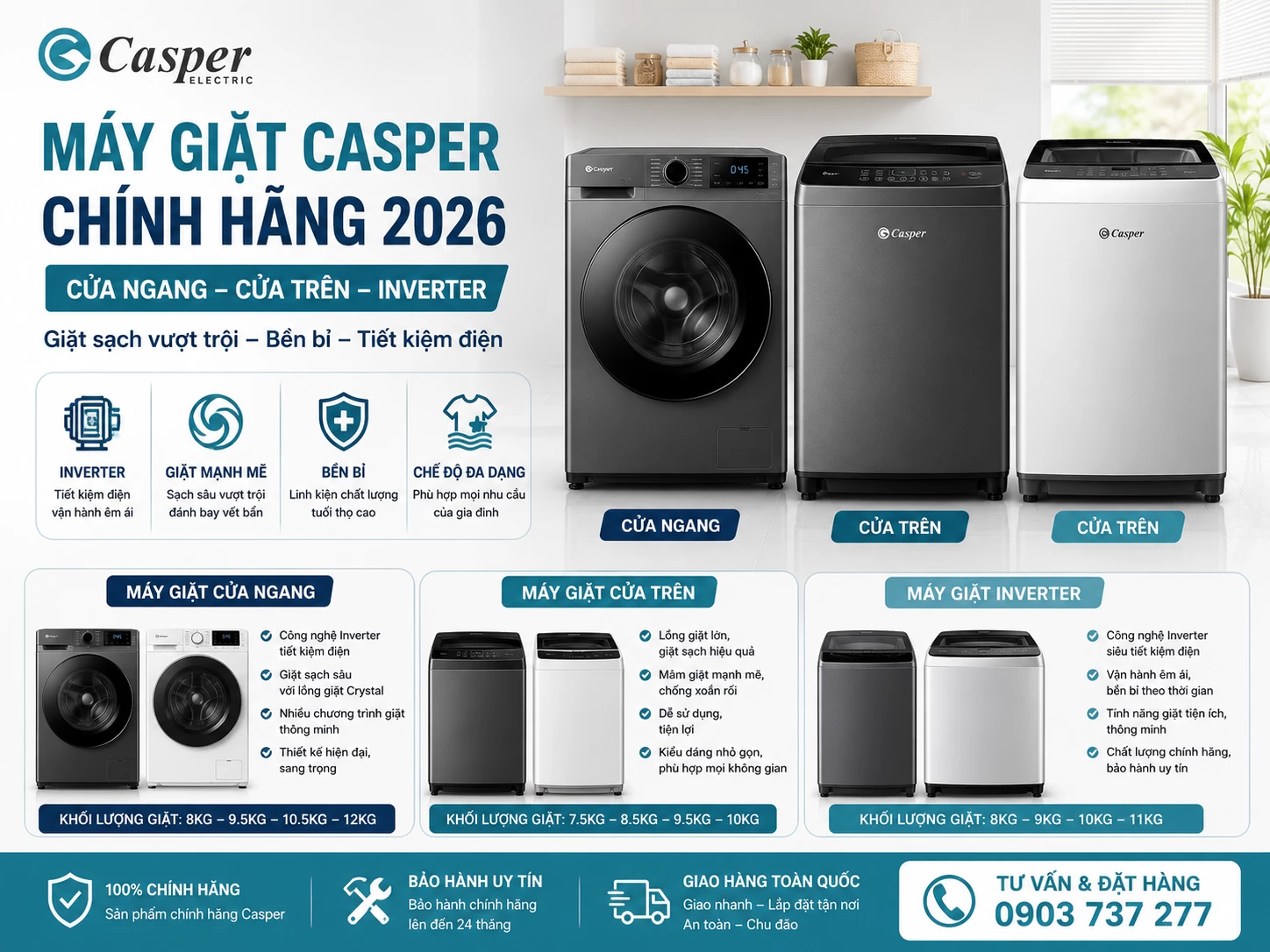 Máy giặt Casper chính hãng cửa ngang và cửa trên