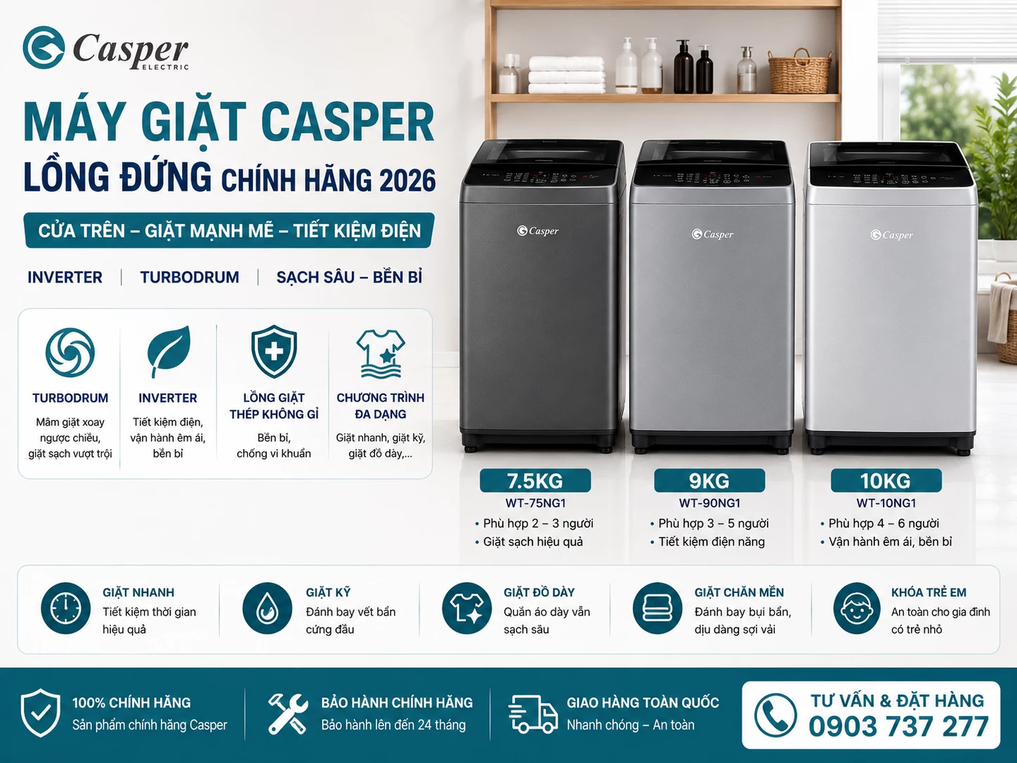 Máy giặt Casper lồng đứng cửa trên chính hãng