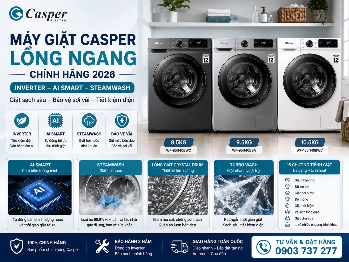 Máy giặt Casper lồng ngang cửa trước chính hãng Inverter
