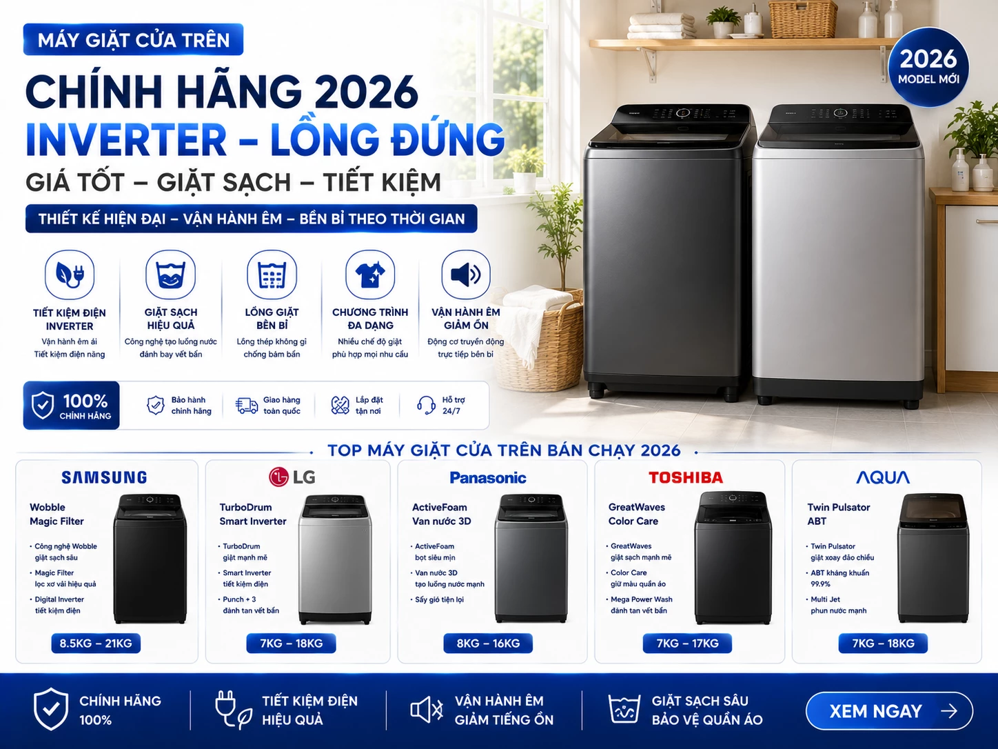 Máy giặt cửa trên chính hãng Inverter lồng đứng 2026