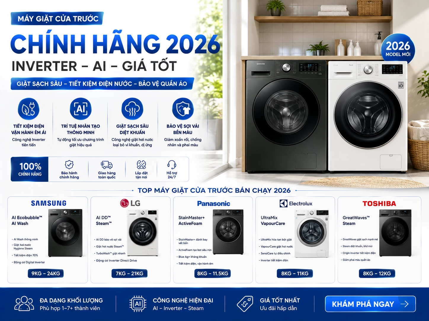Máy giặt cửa trước chính hãng Inverter AI 2026