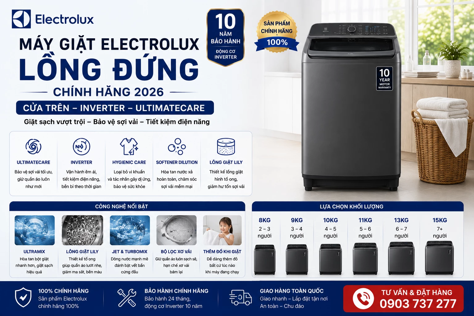 Máy giặt Electrolux lồng đứng chính hãng cửa trên Inverter