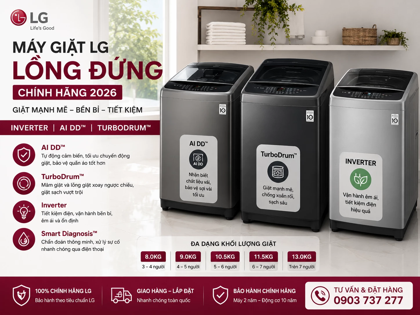 Máy giặt LG lồng đứng chính hãng Inverter