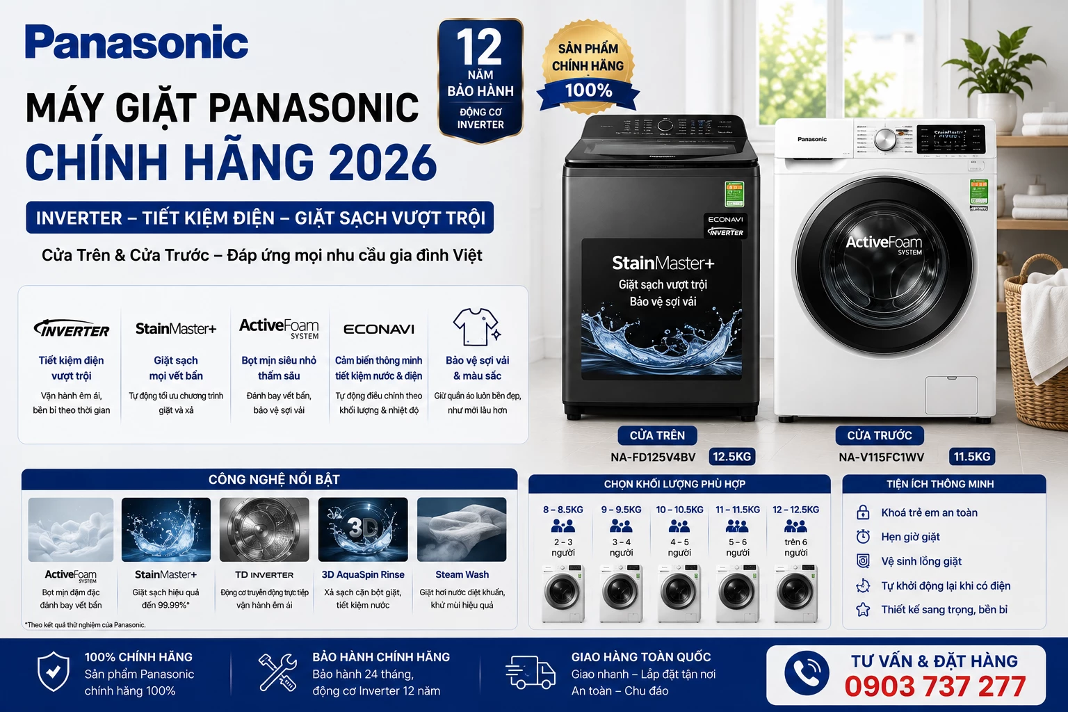 Máy giặt Panasonic chính hãng Inverter cửa trên và cửa trước