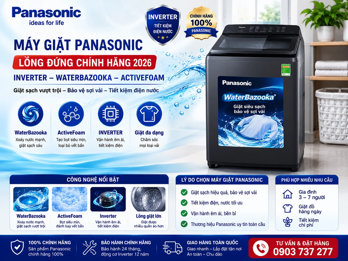 Máy giặt Panasonic lồng đứng chính hãng Inverter WaterBazooka ActiveFoam
