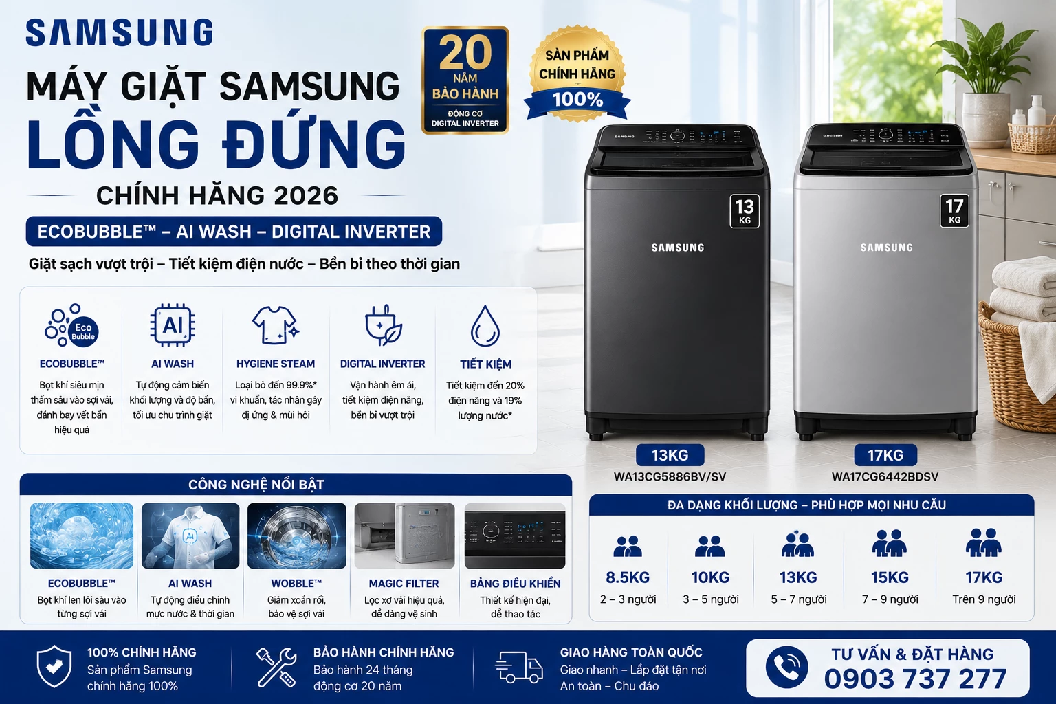 Máy giặt Samsung lồng đứng cửa trên chính hãng Inverter