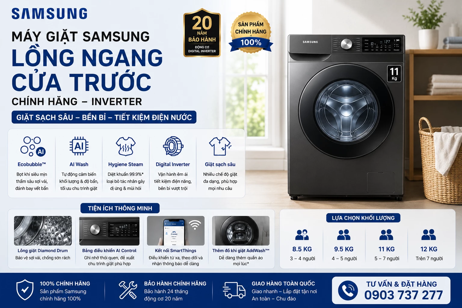 Máy giặt Samsung lồng ngang cửa trước chính hãng Inverter