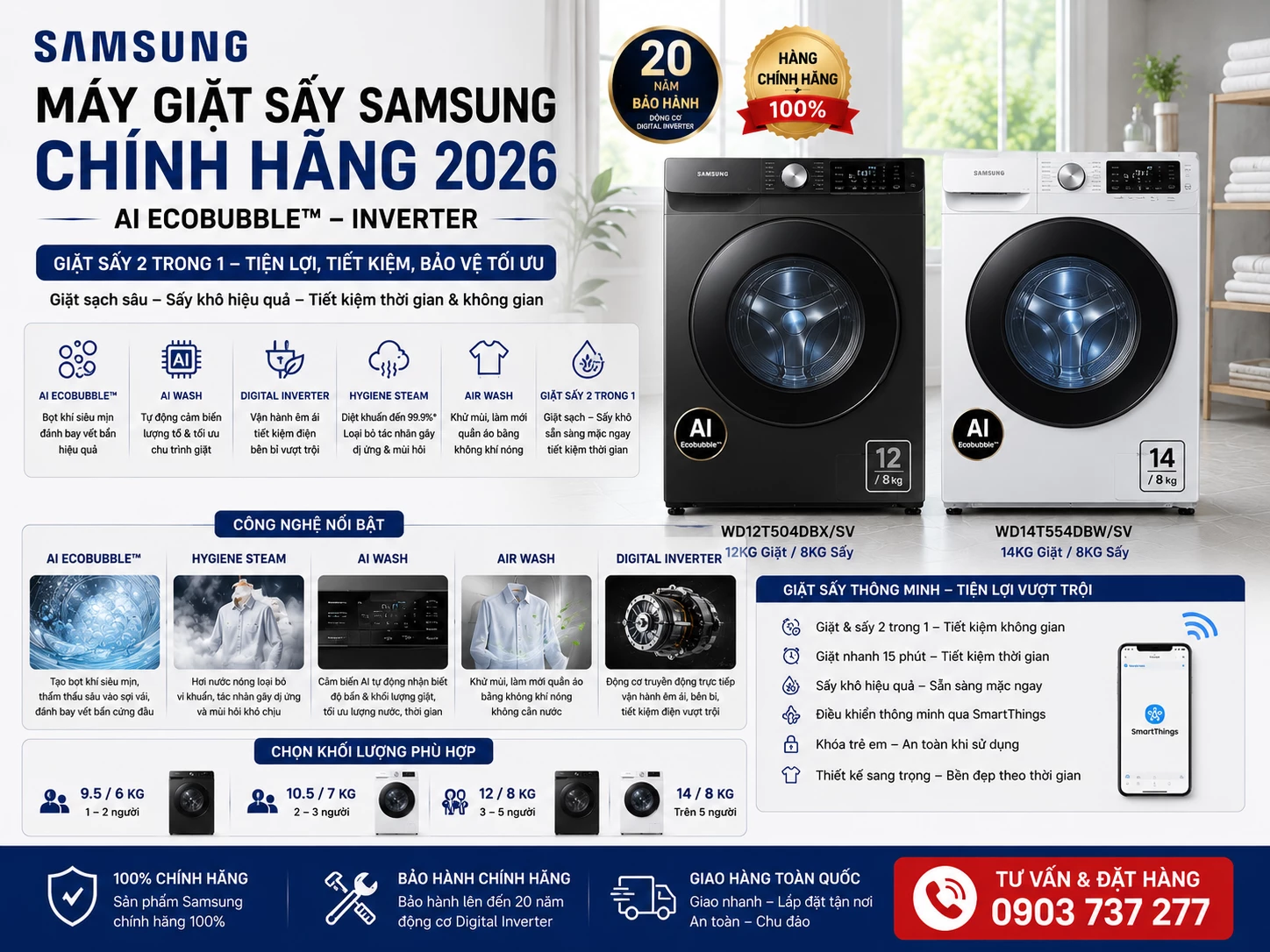 Máy giặt sấy Samsung chính hãng AI Ecobubble Inverter
