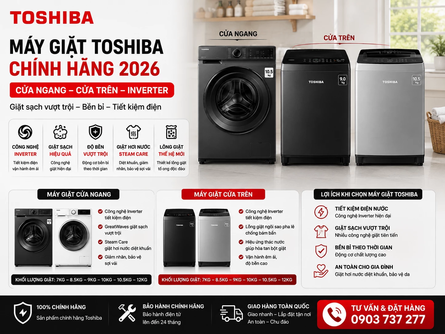 Máy giặt Toshiba chính hãng cửa ngang cửa trên Inverter