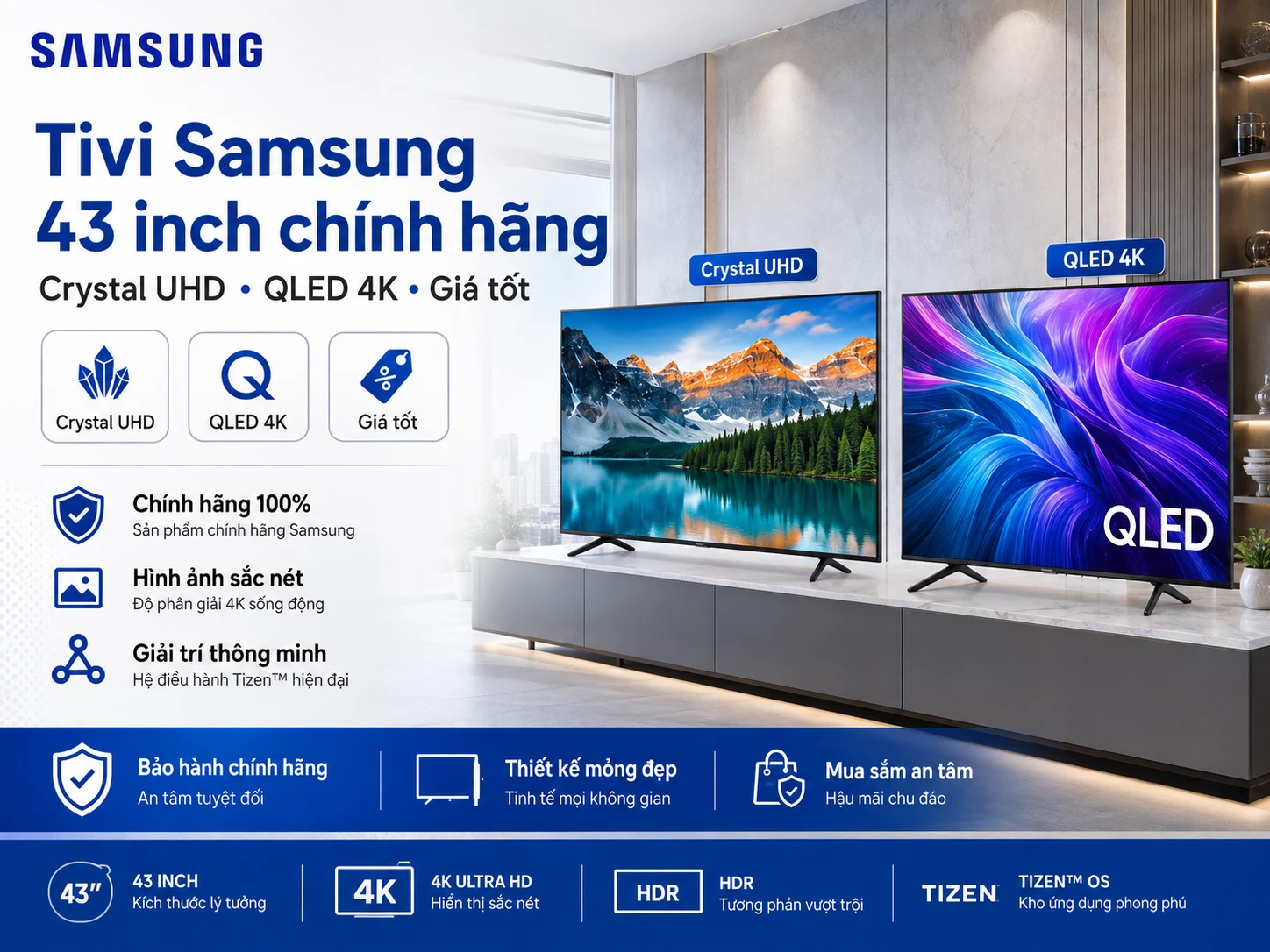 Tivi Samsung 43 inch chính hãng Crystal UHD và QLED 4K