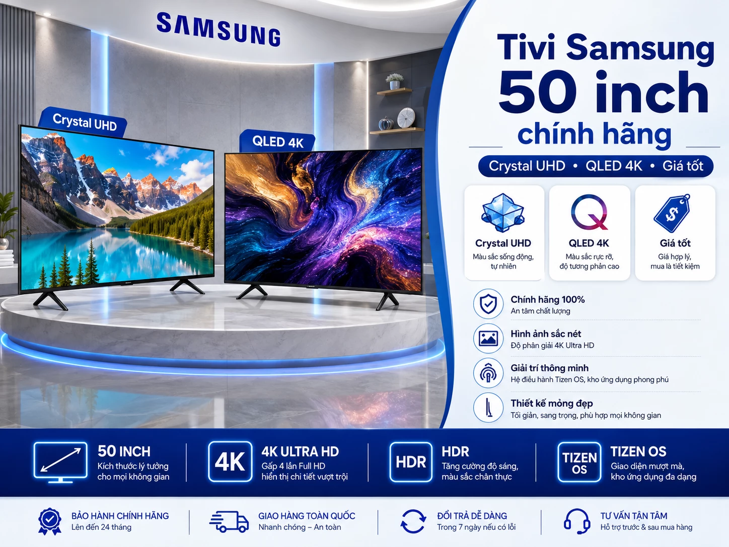 Tivi Samsung 50 inch chính hãng Crystal UHD và QLED 4K