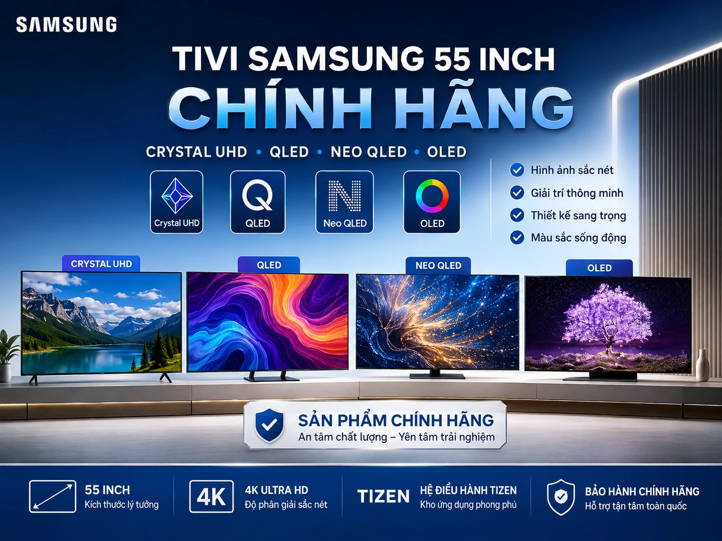 Tivi Samsung 55 inch chính hãng Crystal UHD QLED Neo QLED OLED