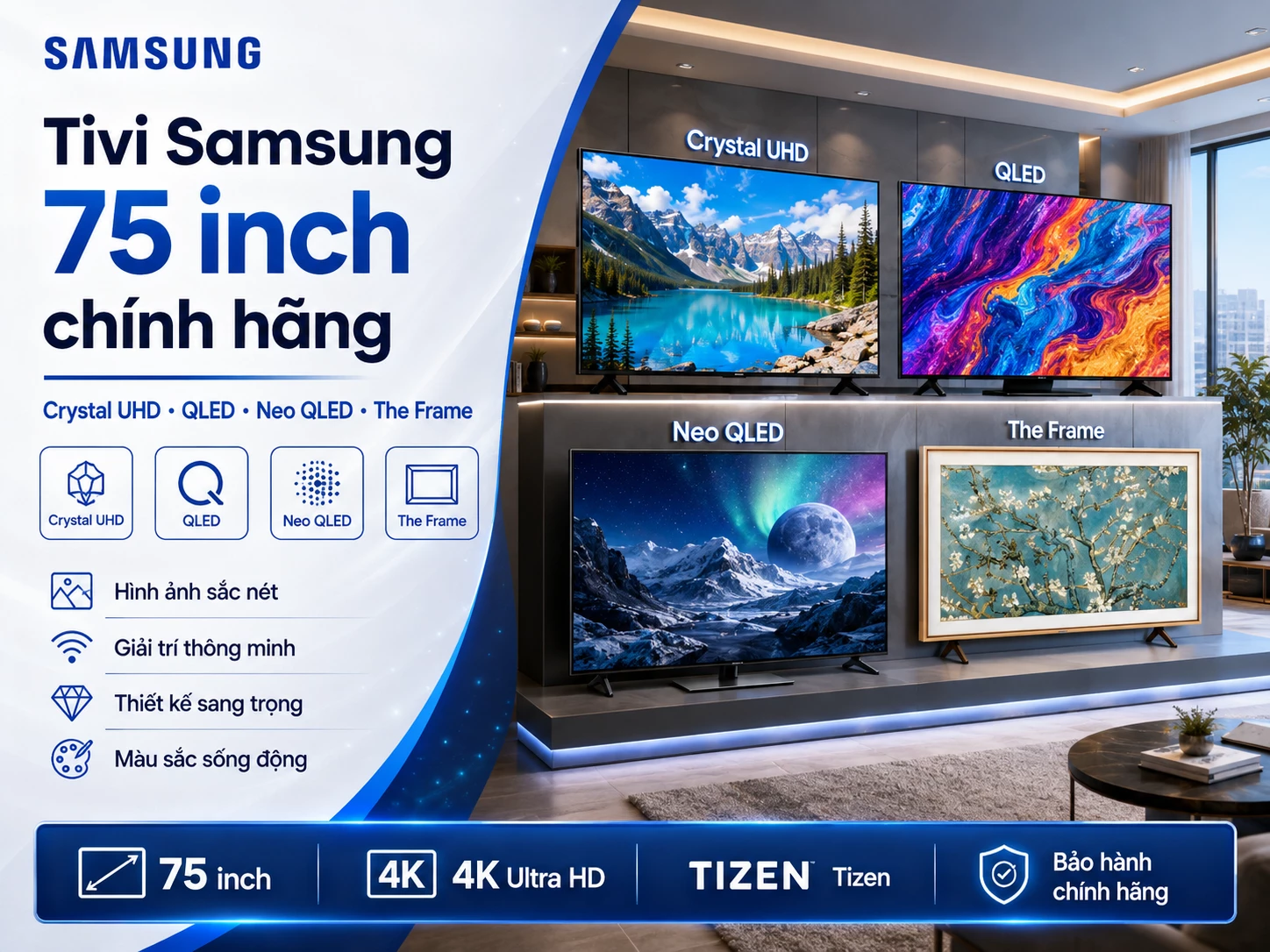 Tivi Samsung 75 inch chính hãng Crystal UHD QLED Neo QLED