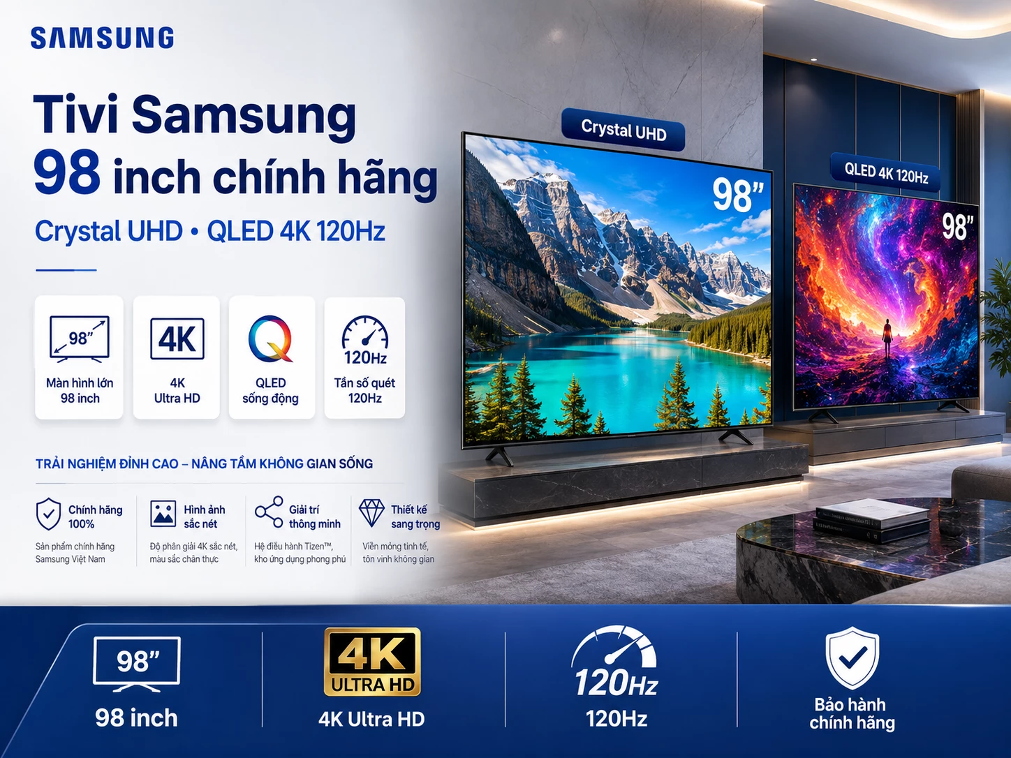 Tivi Samsung 98 inch chính hãng Crystal UHD và QLED 4K