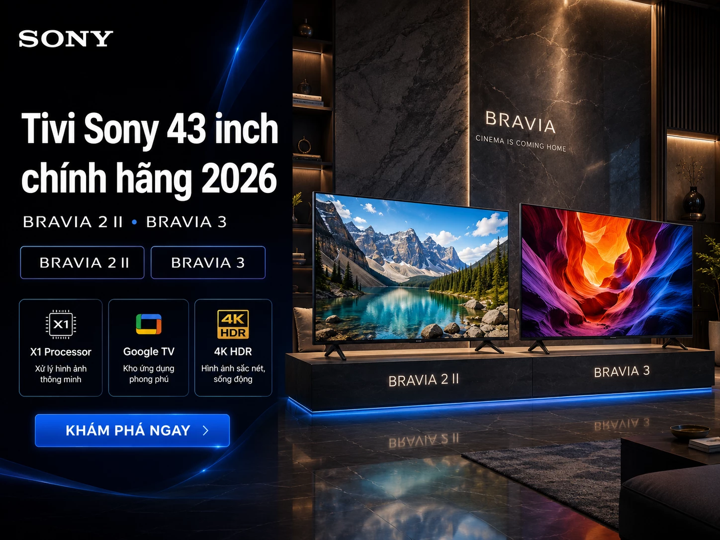 Tivi Sony 43 inch chính hãng Google TV 4K