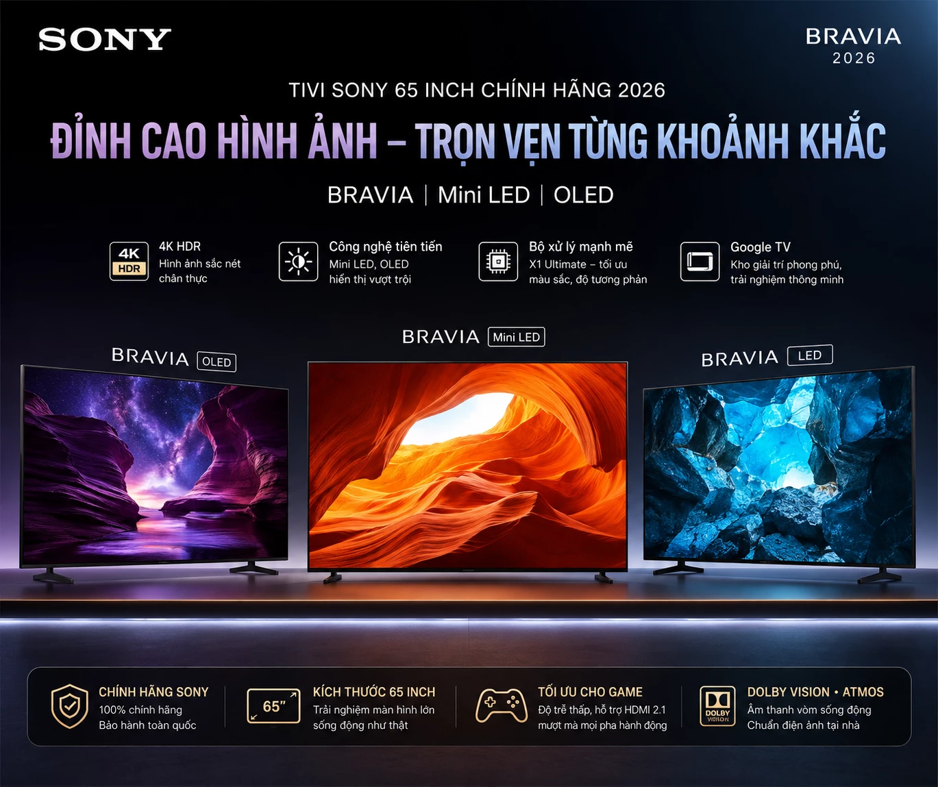 Tivi Sony 65 inch chính hãng LED Mini LED và OLED