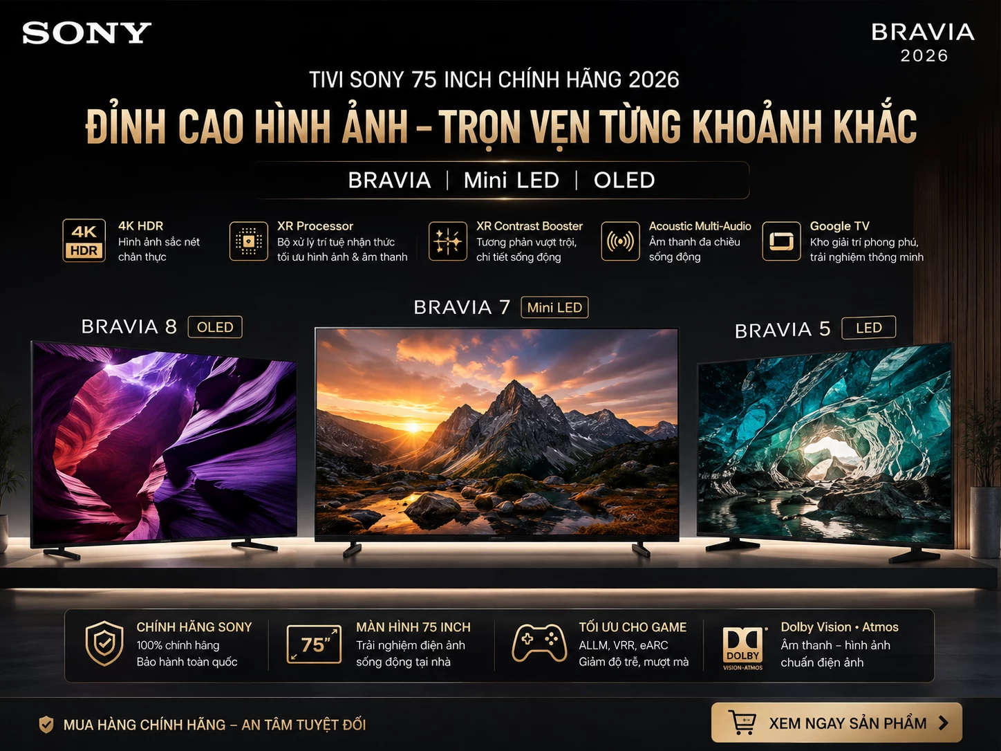 Tivi Sony 75 inch chính hãng LED và Mini LED